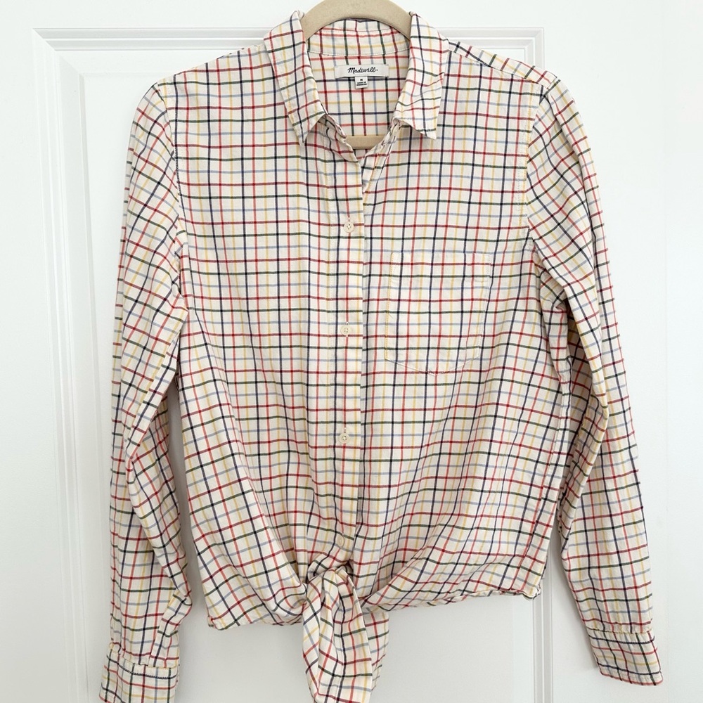 Madewell Rainbow Stripe Spring Plaid Lightweight Button Down Tie-Front Shirt